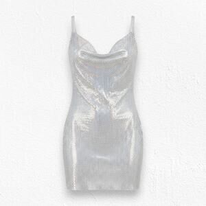 House of Harlow Iridescent Metal Mesh Disco Mini Dress Drape Neck Size Small NWT